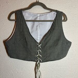 Women's Black and White Checkered Lace-Up Top